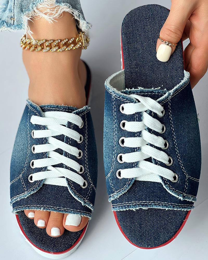 

Eyelet Lace-up Peep Toe Fringe Hem Slippers, Dark blue