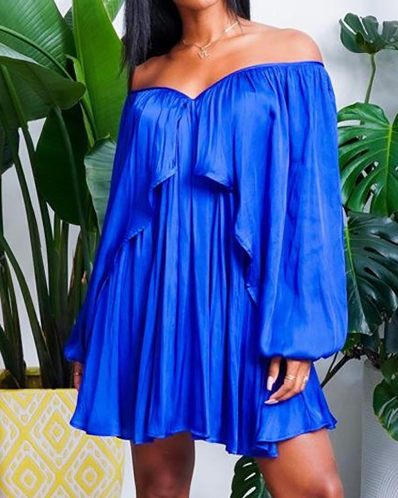 

Off Shoulder Lantern Sleeve Ruched Casual Dress, Blue