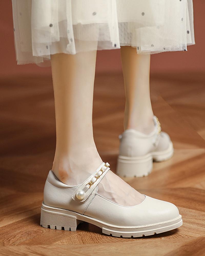 

Round-toe Solid Color Splicing Chain Strap Jenny Shoes, Beige