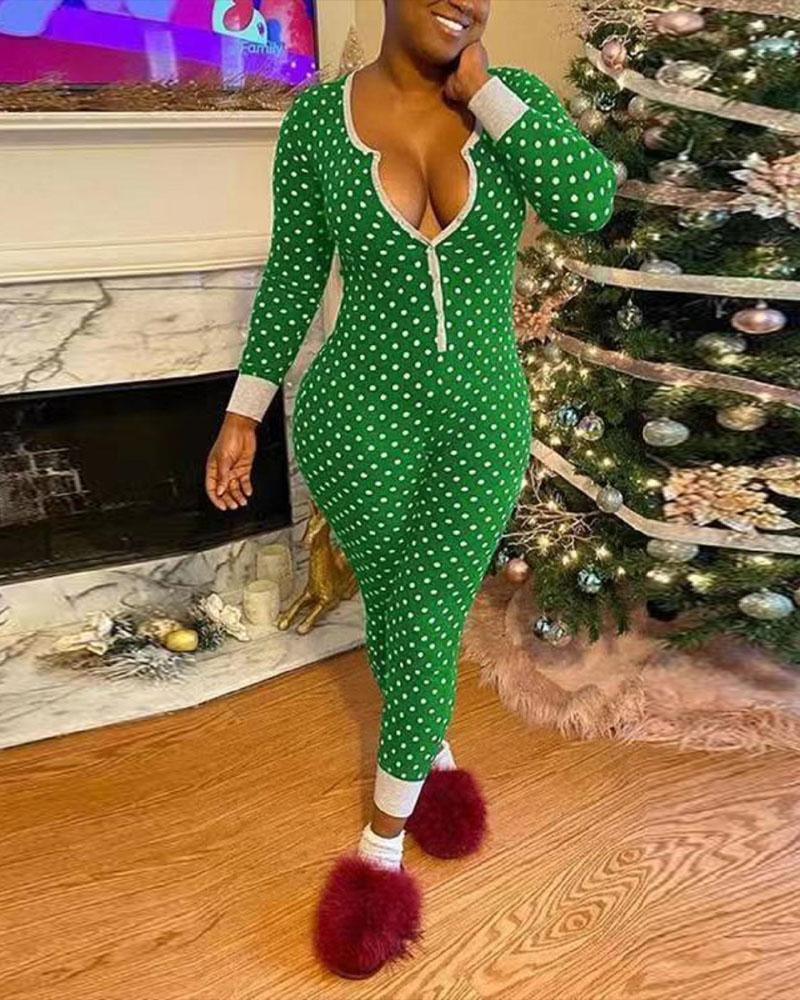 

Plus Size Polka Dot Print Button Front Adult Onesie, Green