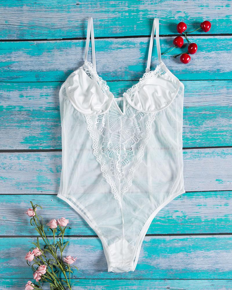 

Spaghetti Strap Sheer Mesh Lace Bodysuit, White