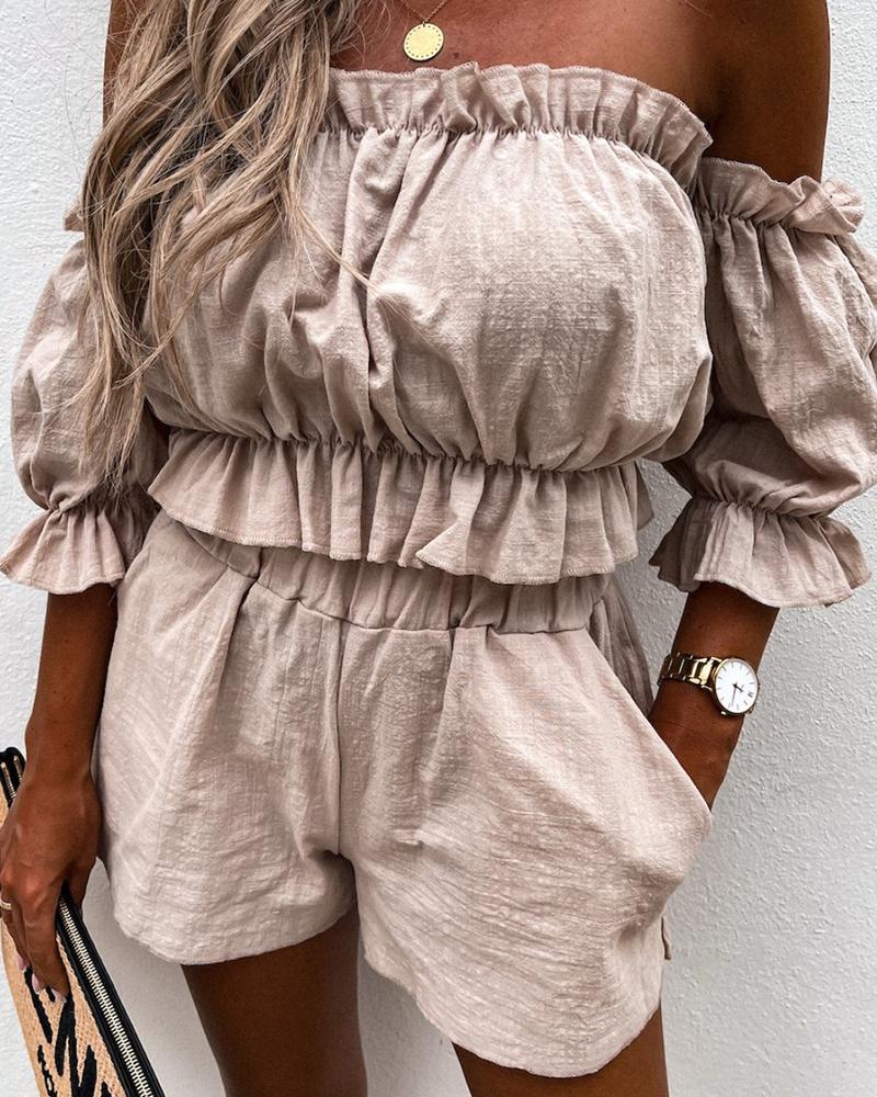 

Off Shoulder Frill Hem Top & Pocket Design Shorts Set, Khaki