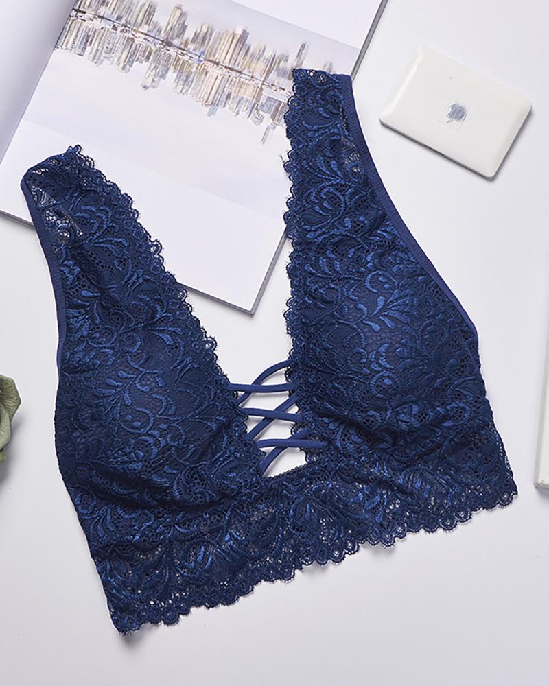 

Lace-up Crochet Lace Bralette Crop Top Wireless Underwear, Blue