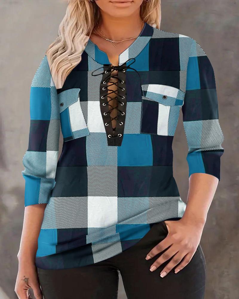 

Plus Size Plaid Print Colorblock Eyelet Lace-up Top, Blue