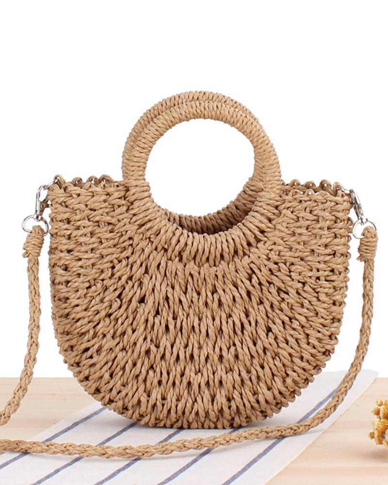 

Top Handle Braided Straw Summer Beach Bag, Coffee