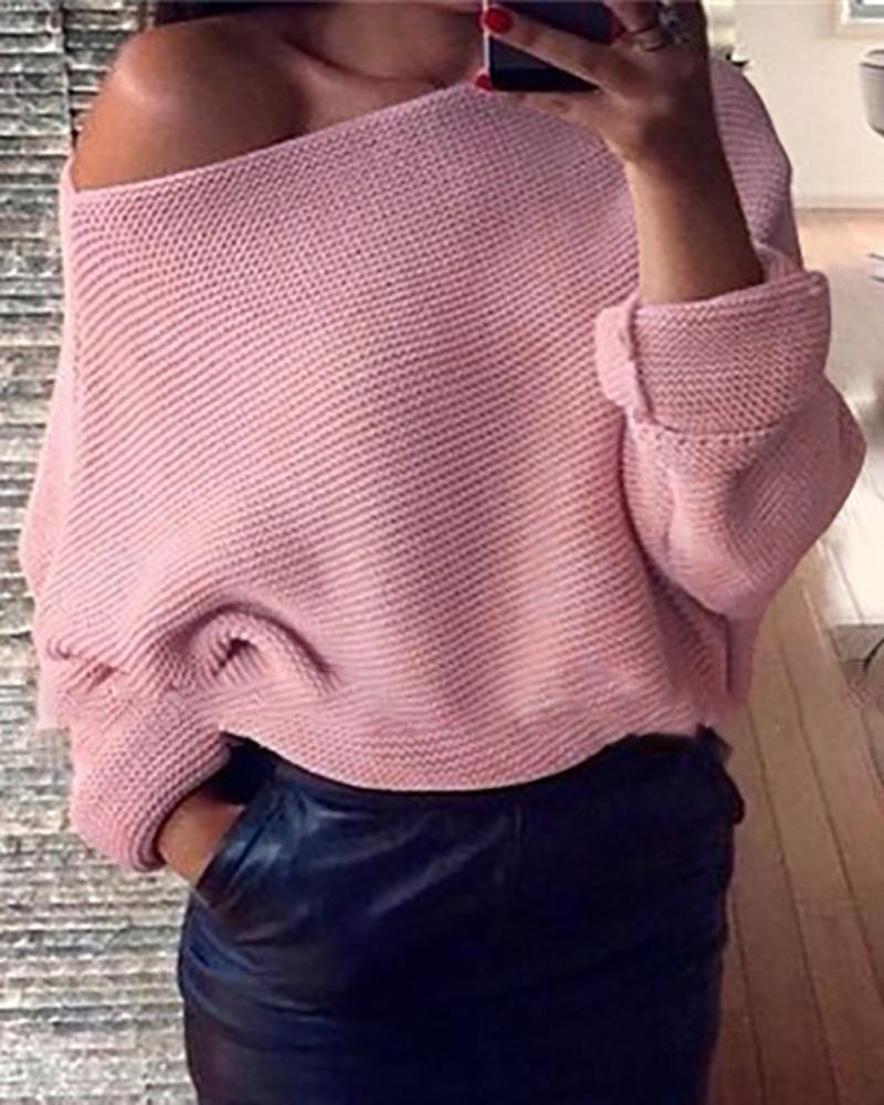 

One Shoulder Long Sleeve Knit Casual Sweater, Pink