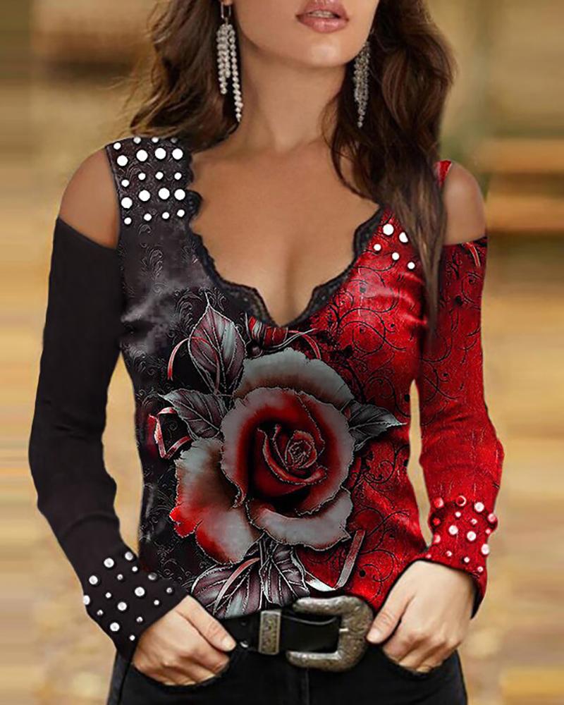 

Cold Shoulder Floral Print Beaded Detail Top, Red