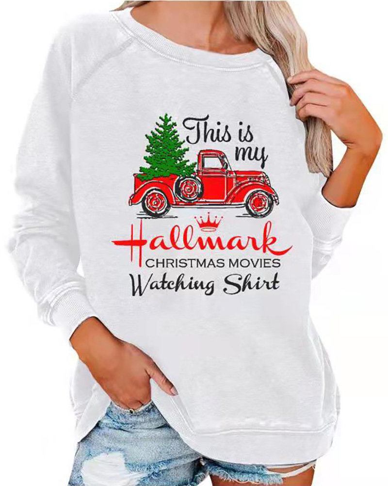 

Christmas Tree Car Letter Print Long Sleeve Sweatshirt, White