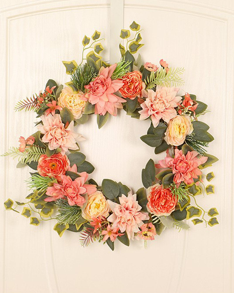 

Dahlia Flower Wreath Artificial Eucalyptus Garland Farmhouse Wreath Front Door Wall Hanging For Wedding Home Decor, Orange