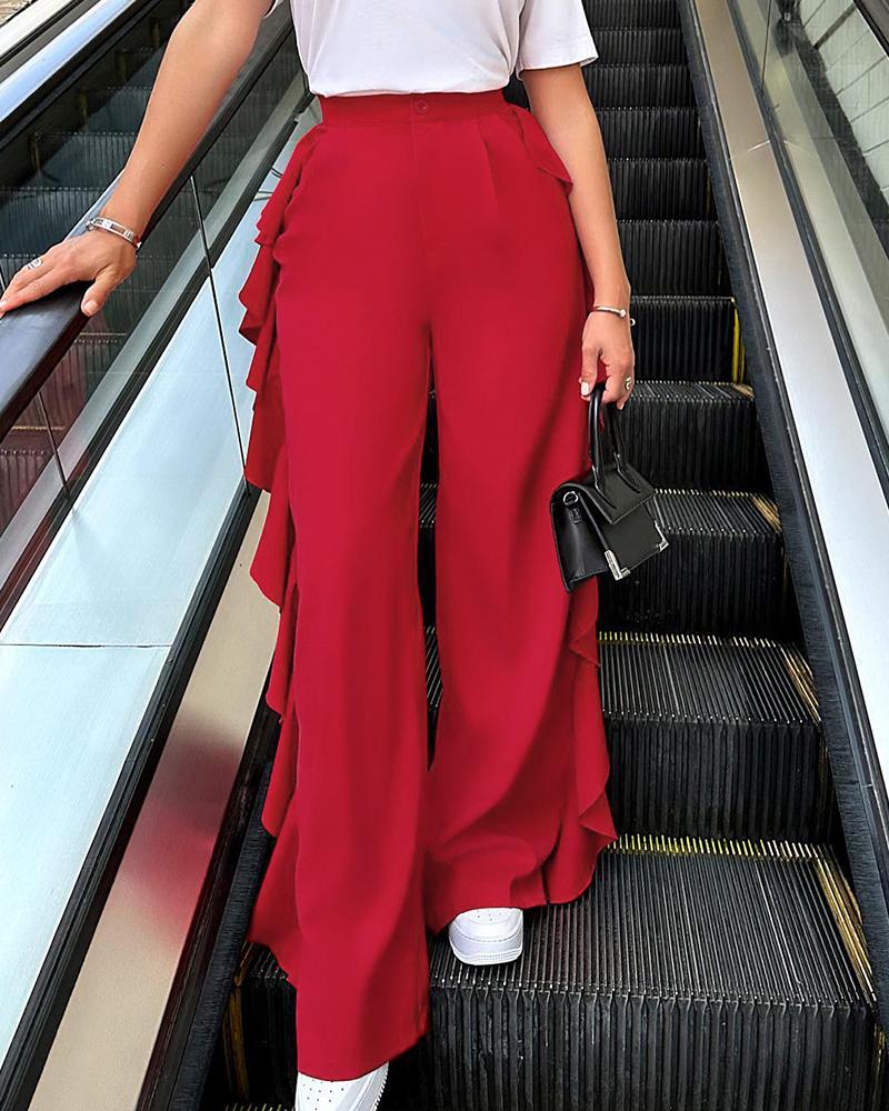 

Ruffle Hem Straight Leg Pants, Red
