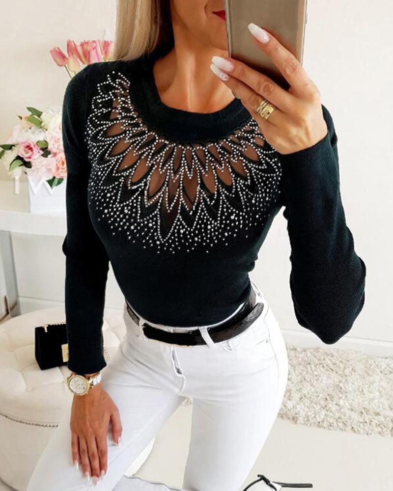 

Cutout Rhinestone Long Sleeve Top, Black