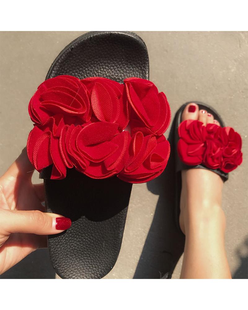 

Round-toe Splicing Floral Strap Platform Slippers, Red