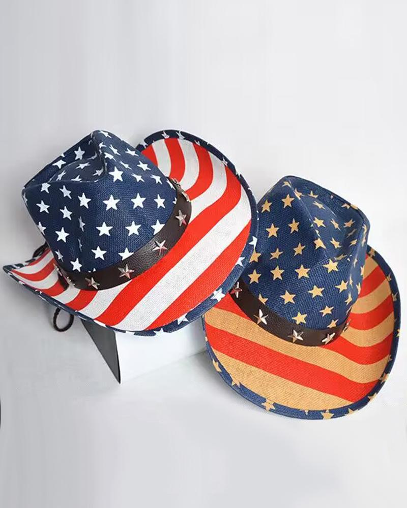 

Independence Day Flag Print Cowboy Wide Brim Hat, Style1