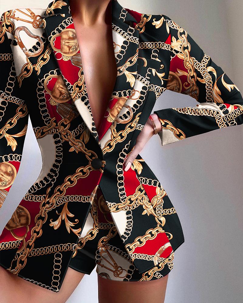 

Scarf Chain Lapel Collar Single Button Tailored Blazer & Shorts Set, Multicolor