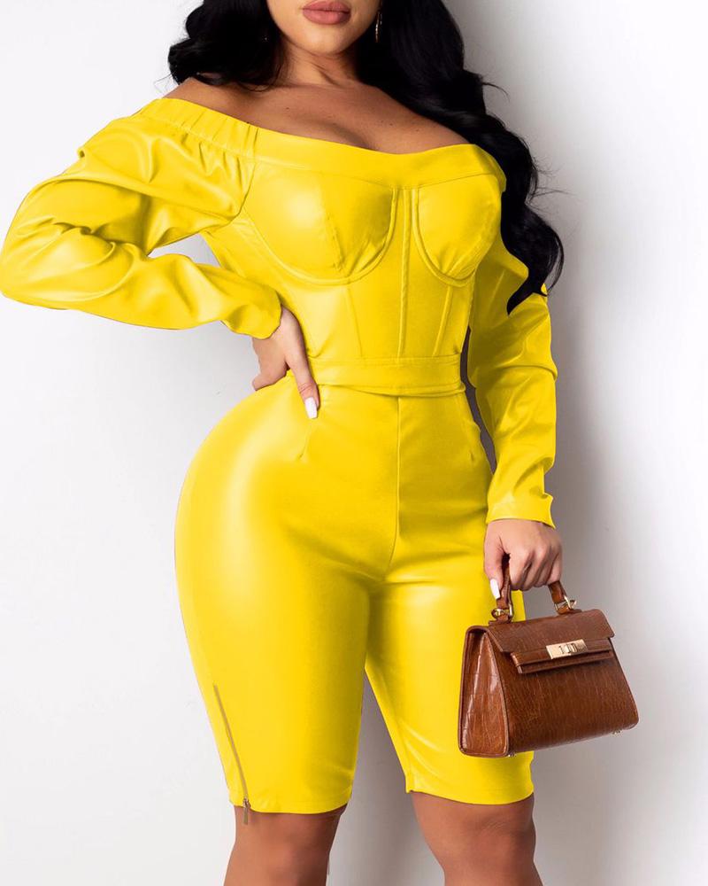 

Off Shoulder Zipper Design PU Leather Romper, Yellow