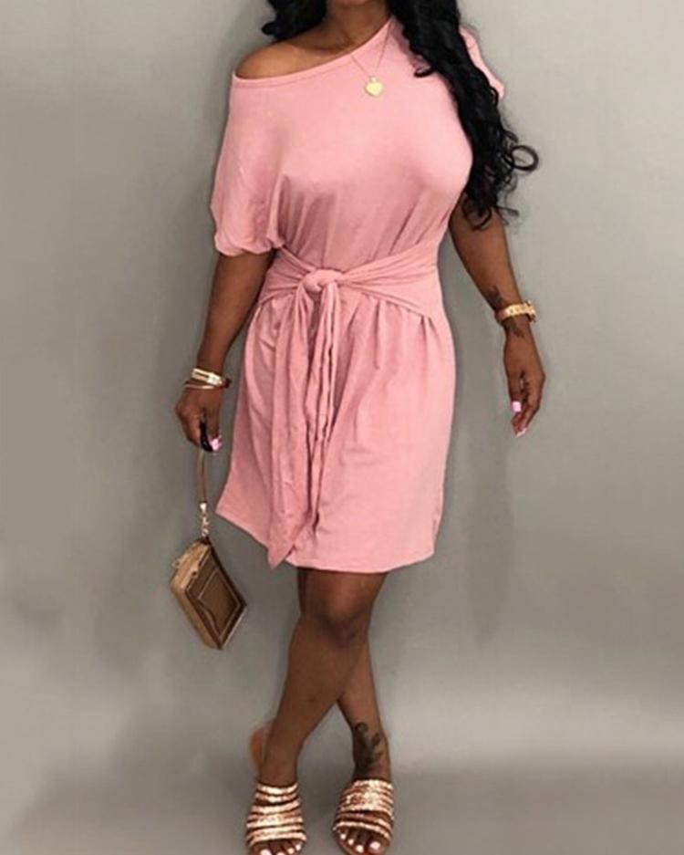 

Solid Self-belted Cutout Back Casual Dress, Pink