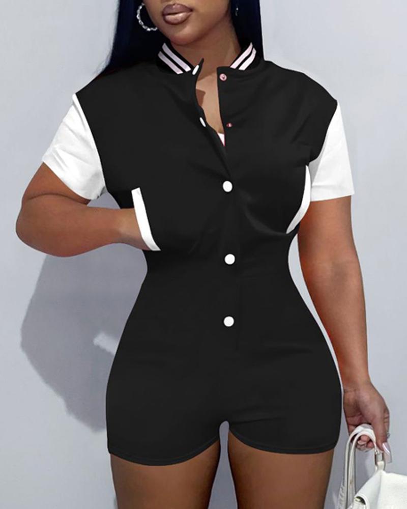 

Baseball Collar Contrast Paneled Button Front Romper, Black