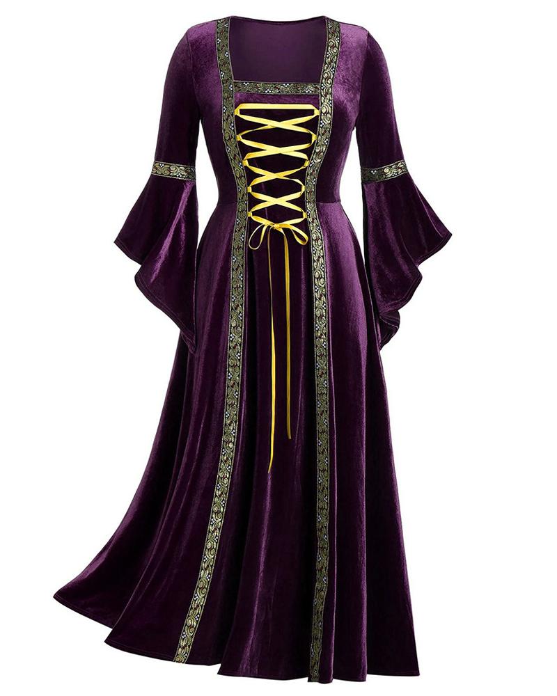 

Halloween Vintage Renaissance Costume Women Gothic Witch Cosplay Medieval Dress Velvet Queen Dresses, Purple