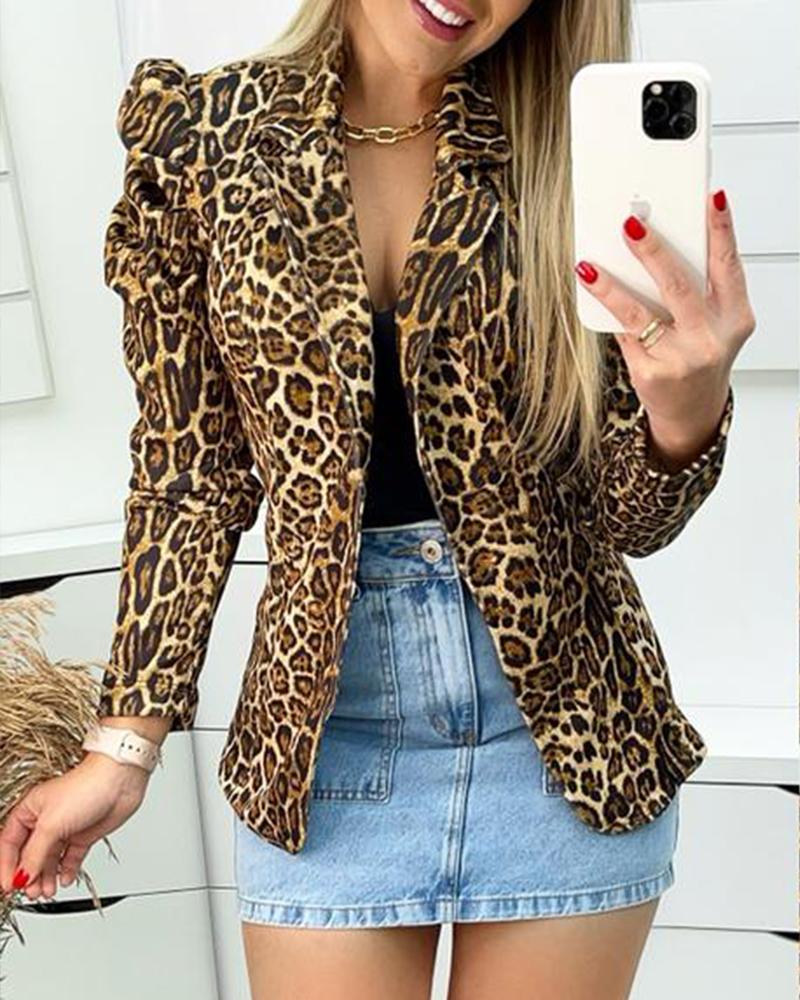 

Leopard Print Lapel Collar Single Breasted Puff Sleeve Blazer