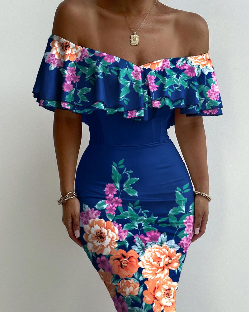 

Floral Print Off Shoulder Ruffles Skinny Dress, Blue