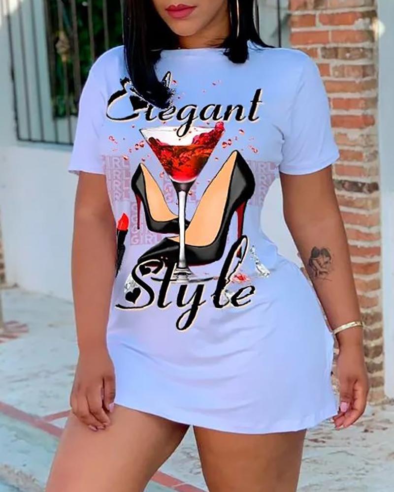 

Letter Glasses Heels Print Short Sleeve Casual Dress, White