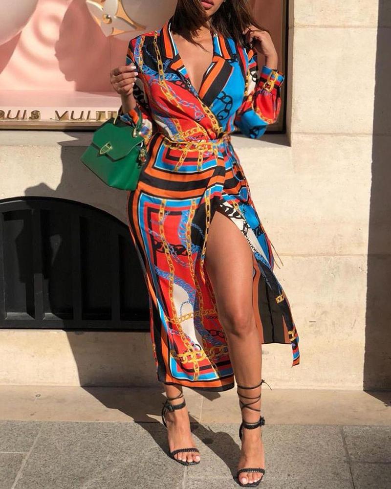 

Chain Scarf Print High Slit Shirt Dress, Multicolor
