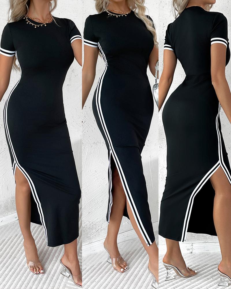 

Striped High Slit Casual Dress, Black