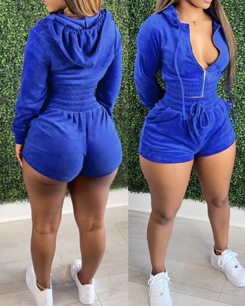 

Velvet Zipper Design Hooded Coat & Drawstring Shorts Set, Blue