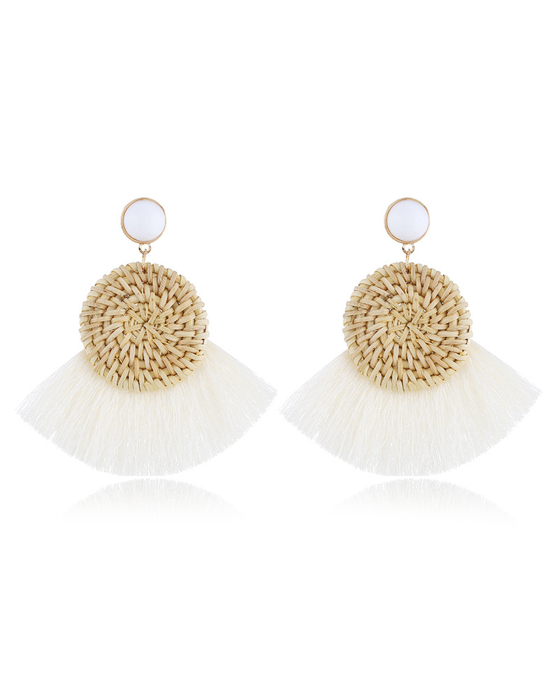 

1Pair Big Lightweight Geometric Statement Tassel Rattan Earrings, White