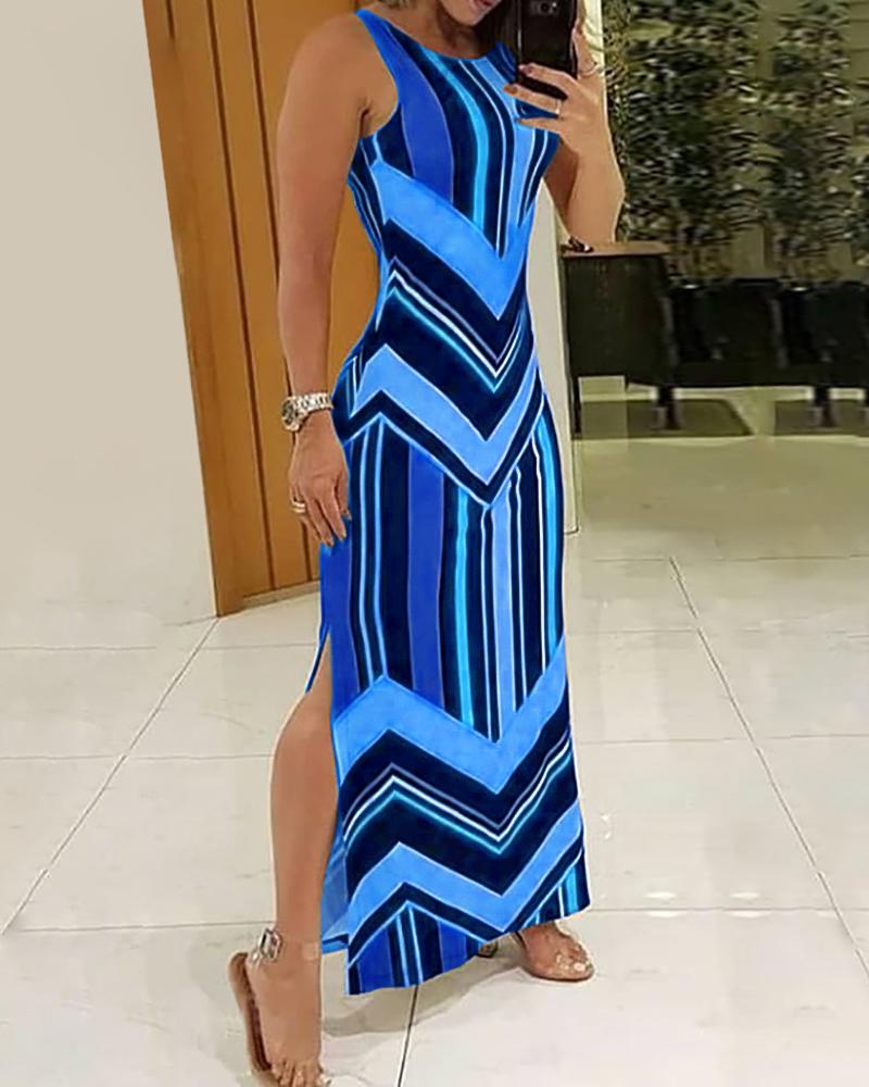 

Colorful Striped Print Side Slit Maxi Dress, Blue