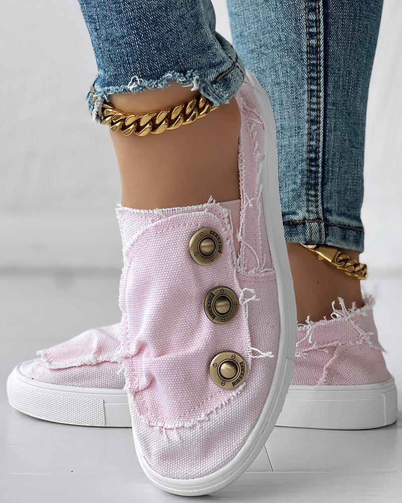 

Buttoned Raw Hem Casual Slip-On Loafers, Pink