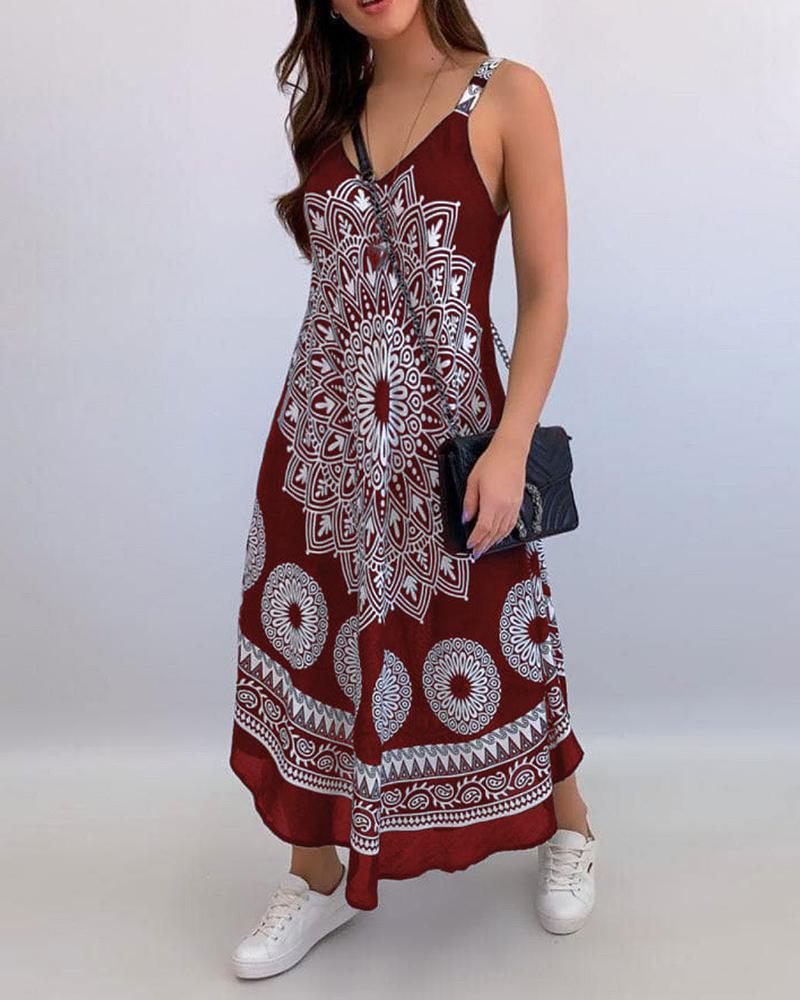 

Graphic Print V-Neck Thin Strap Maxi Dress, Wine red