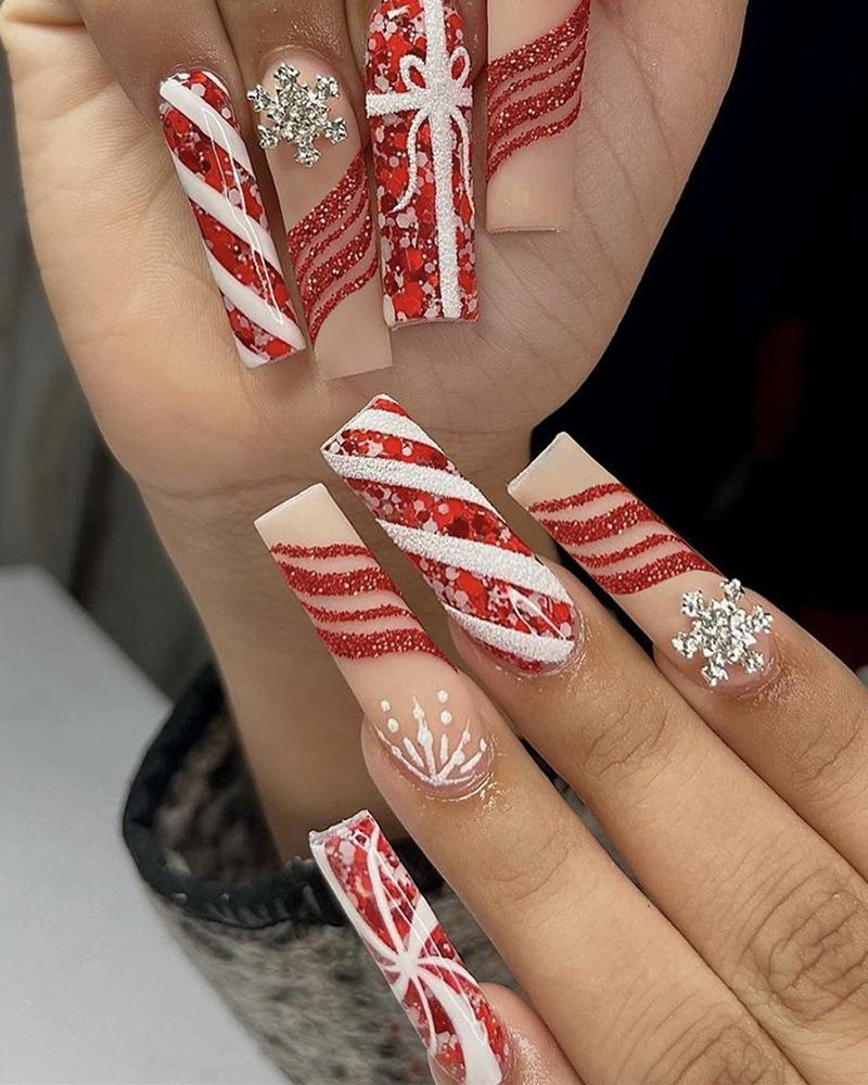 

24pcs Christmas Rhinestone Snowflake Striped Coffin Fake Nails Set, Wine red