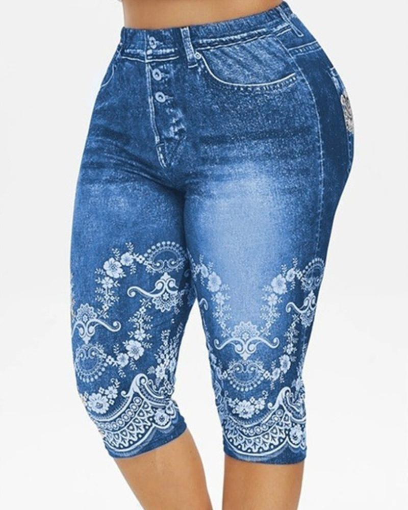 

Plus Size Floral Faux Denim Printed High Waist Capris Pants, Blue