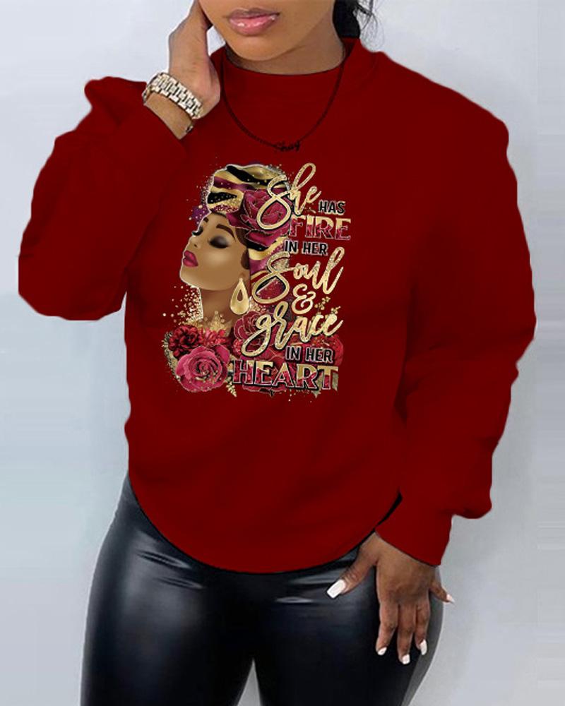 

Plus Size Figure Letter Print Long Sleeve Sweatshirt, Wine red