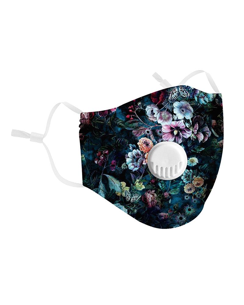 

Floral Print Breathing Washable Valve Face Mask (2 filters as gift) Without Cord Lock Toggles, Dark blue