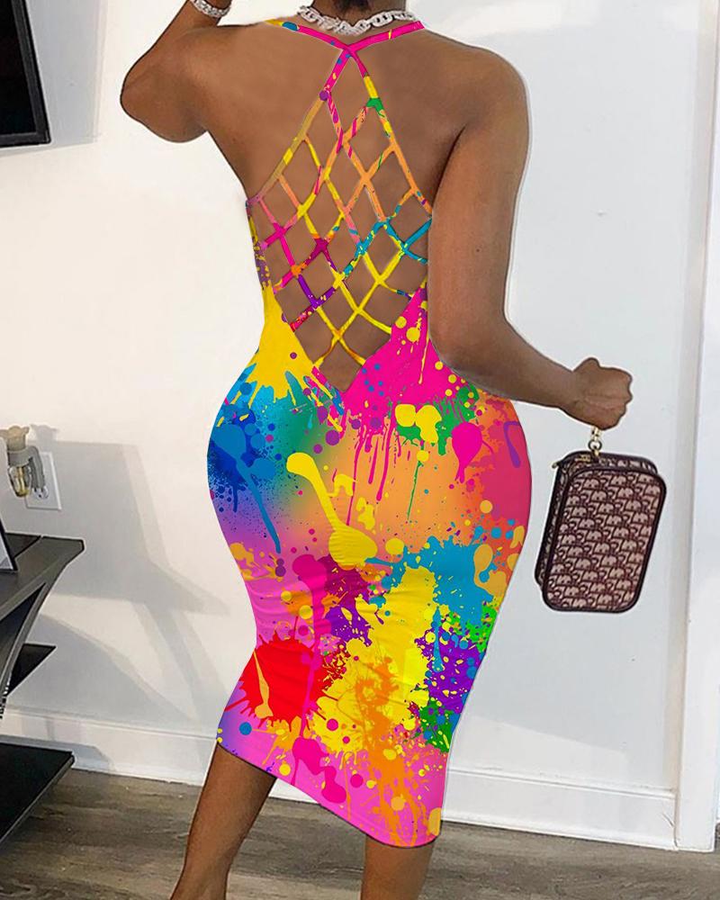 

Ink Splash Print Fishnet Backless Bodycon Dress, Multicolor