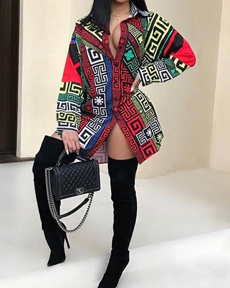 

Stylish Digital Print Lapel Collar Casual Dress, Multicolor