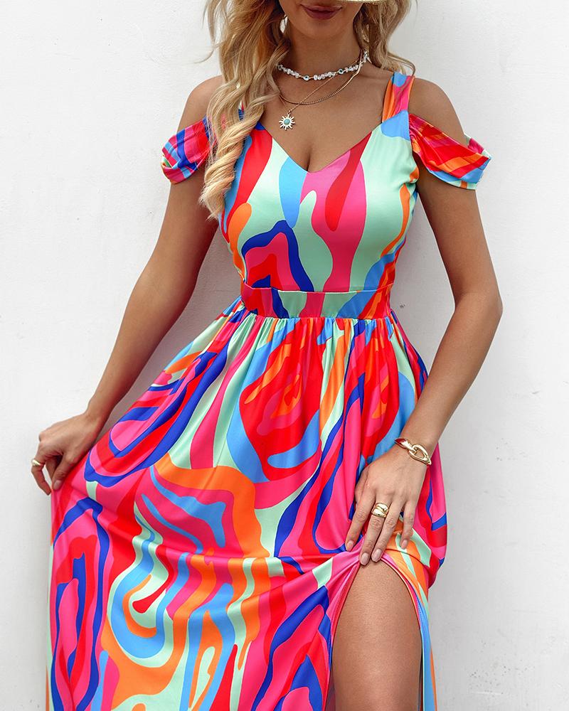 

Abstract Print Cold Shoulder High Slit Maxi Dress, Multicolor