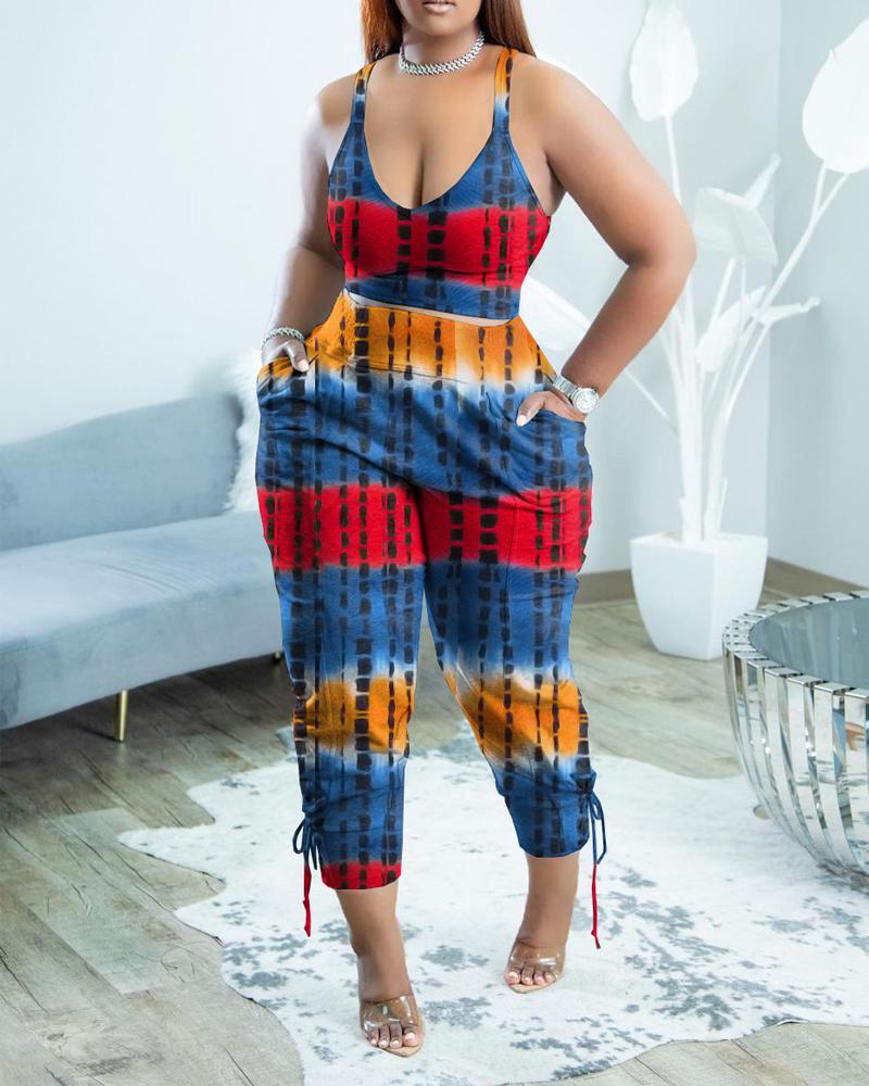 

Plus Size Tie Dye Print Crop Top & Eyelet Lace-up Pants Set, Blue