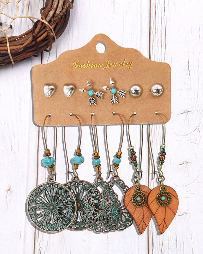 

6Pairs Bohemian Vintage Hollow Turquoise Heart Earrings Set, Silver