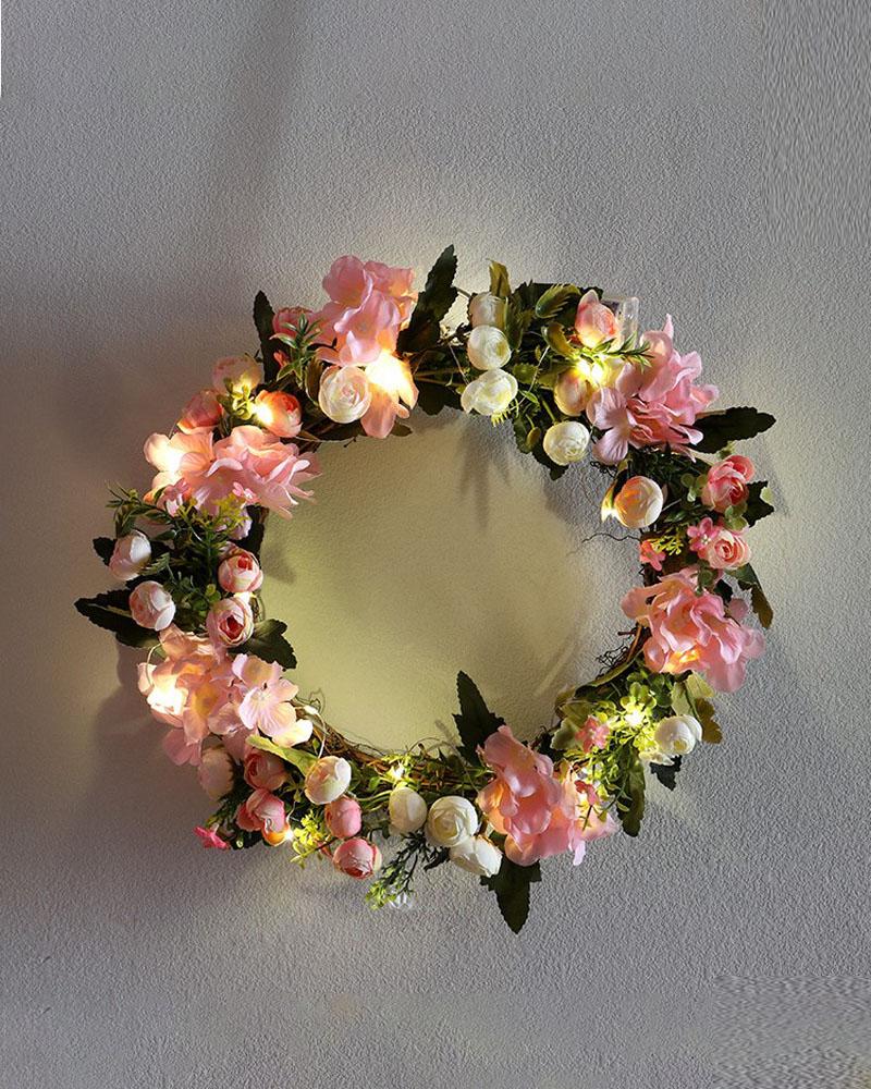 

Lighted Rose Flowers Wreath Artificial Garland Wreath For Front Door Wedding Christmas Party Wall Window Decoration, Pink