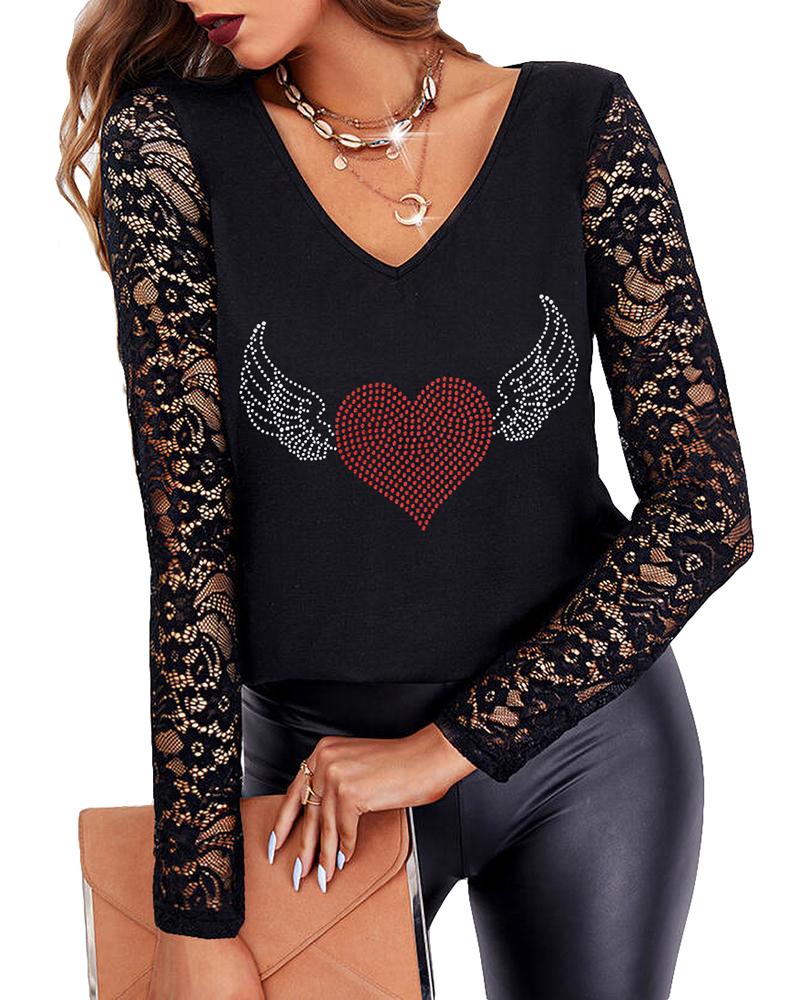 

Valentine' Day V-Neck Rhinestone Crochet Lace Top, Style5