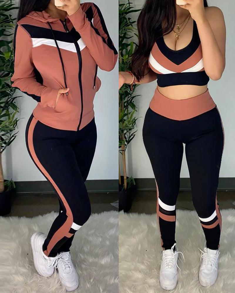 

Striped Print Crop Top & High Waist Pants & Hooded Coat Set, Pink