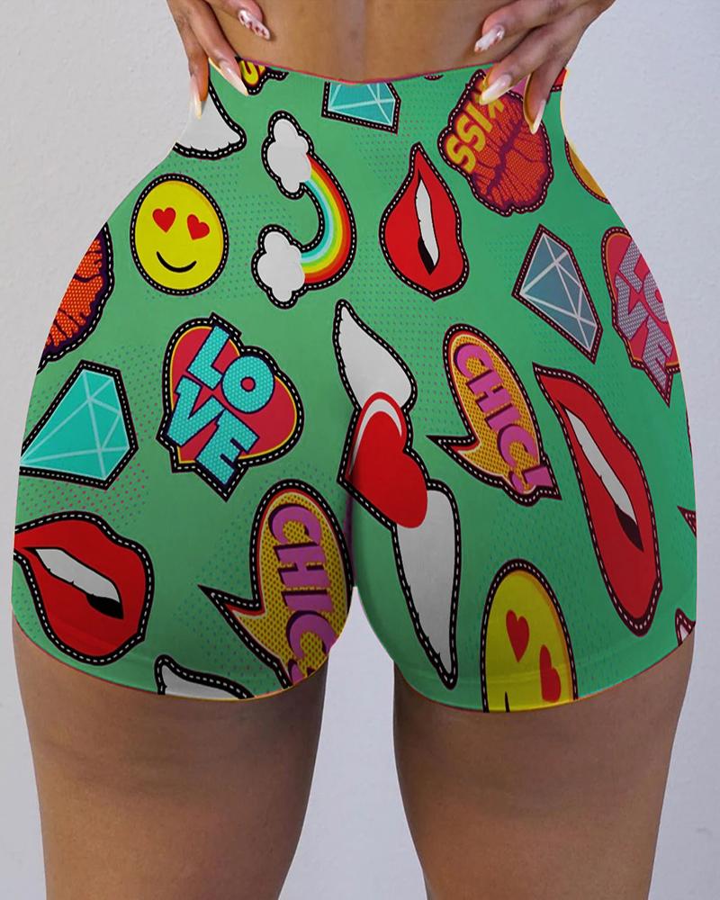 

Cartoon Print High Waist Casual Shorts, Green
