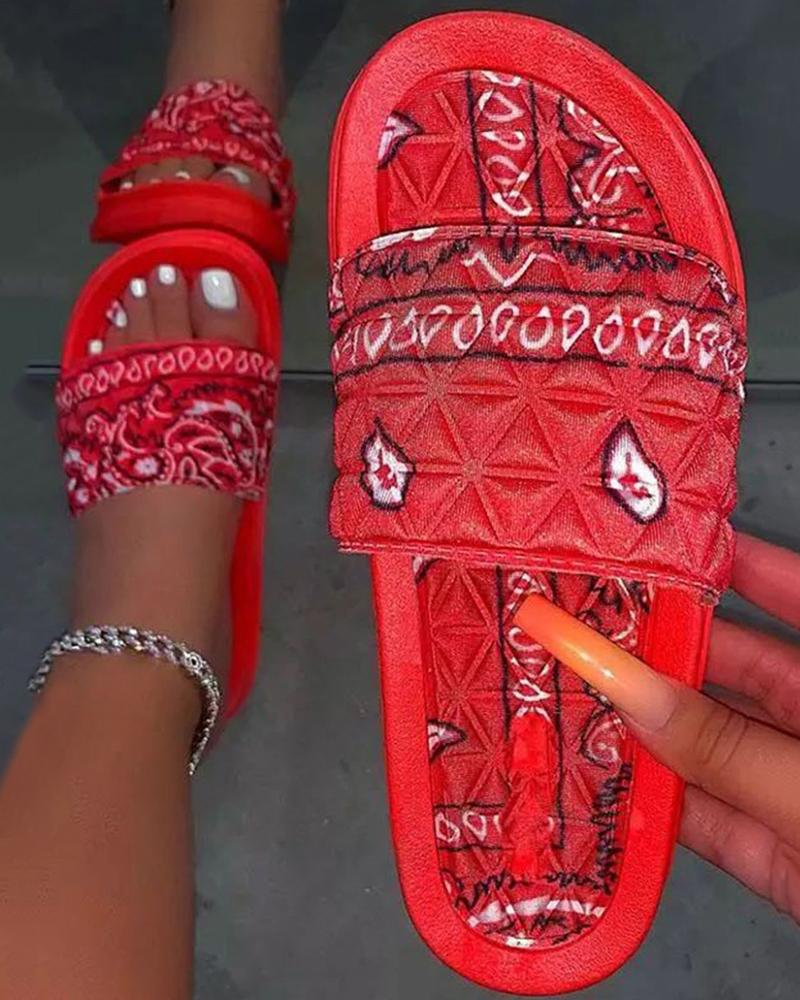

Paisley Print Open Toe Casual Flat Slippers, Red