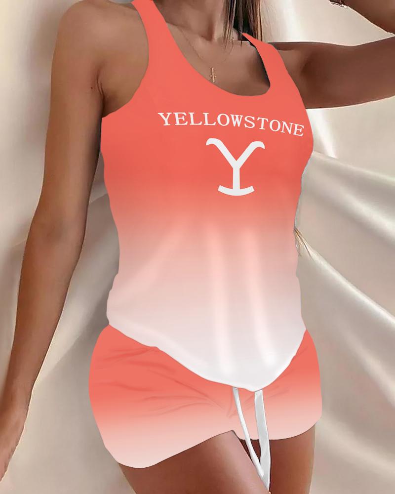 

Yellowstone Graphic Print Drawstring Cami Set, Orange