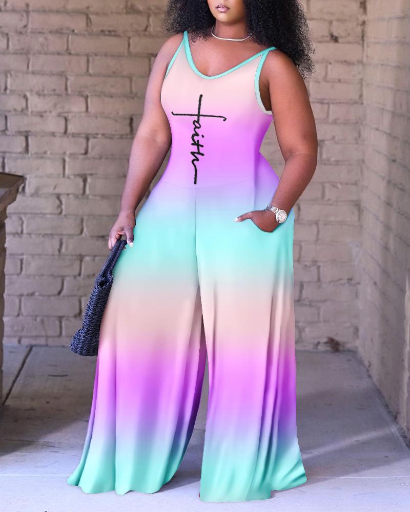 

Plus Size Faith Print Ombre Wide Leg Jumpsuit, Light purple