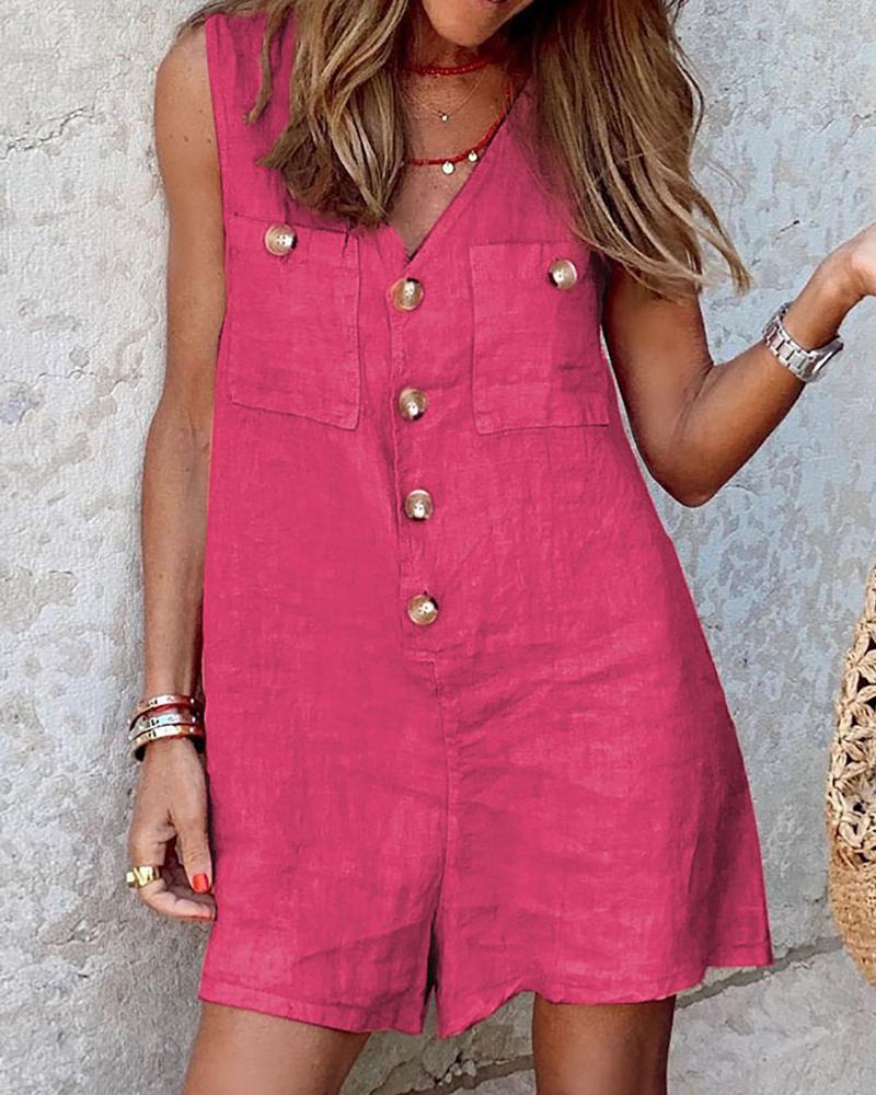

Button Pocket Design Sleeveless Casual Romper, Hot pink