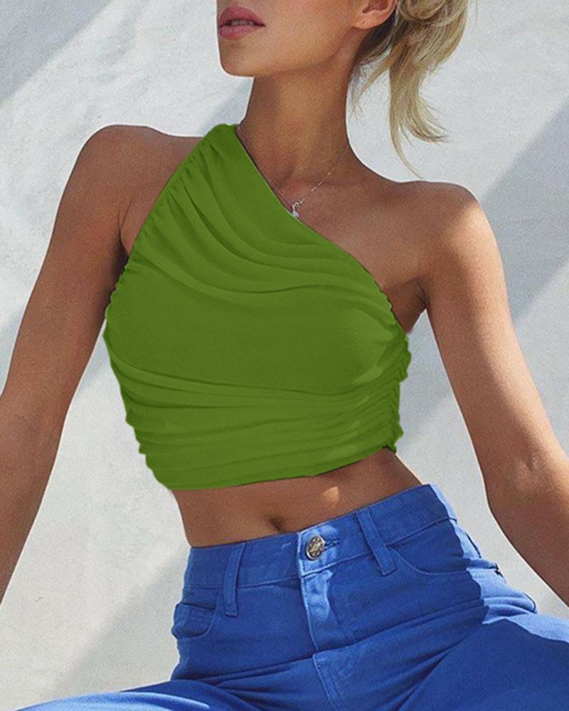 

One Shoulder Ruched Textured Crop Top, Green